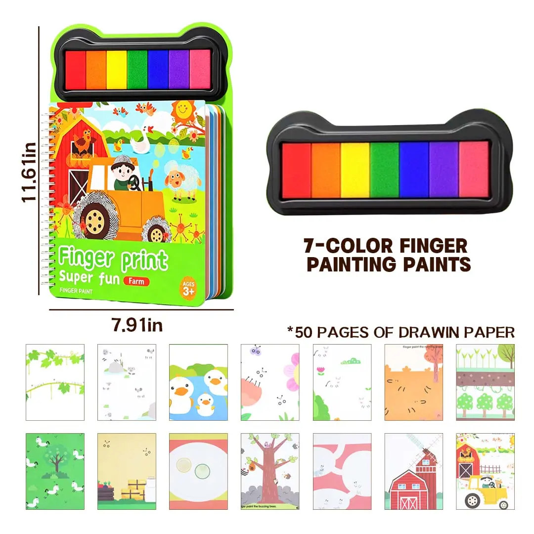Kids Finger Paint Activity Book with 7 Washable Finger Paints, 50-Page Fingerprint Art Book for Toddlers Ages 3+, Preschool Learning Creative Craft Gift