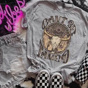 Women's Comfy Vintage Jersey Fabric Can't Be Tamed Bleached Western Top - Ash Grey