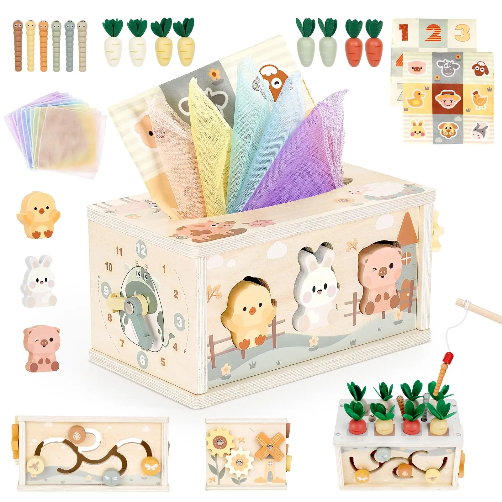 Baby Tissue Box Toy - Wooden Montessori Toys , Educational Baby Toys  for Preschool Learning Fine Motor Skills, Activity Cube Sensory,  Multifunctional Stuffers Learning Toy