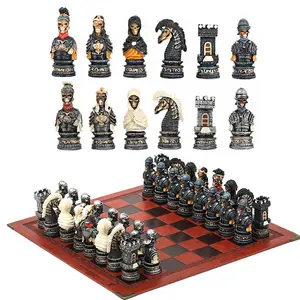 32 Piece International Chess Set, High-Quality Resin Pieces, Artificial Leather Board, Table Game, Gift for Halloween & Christmas
