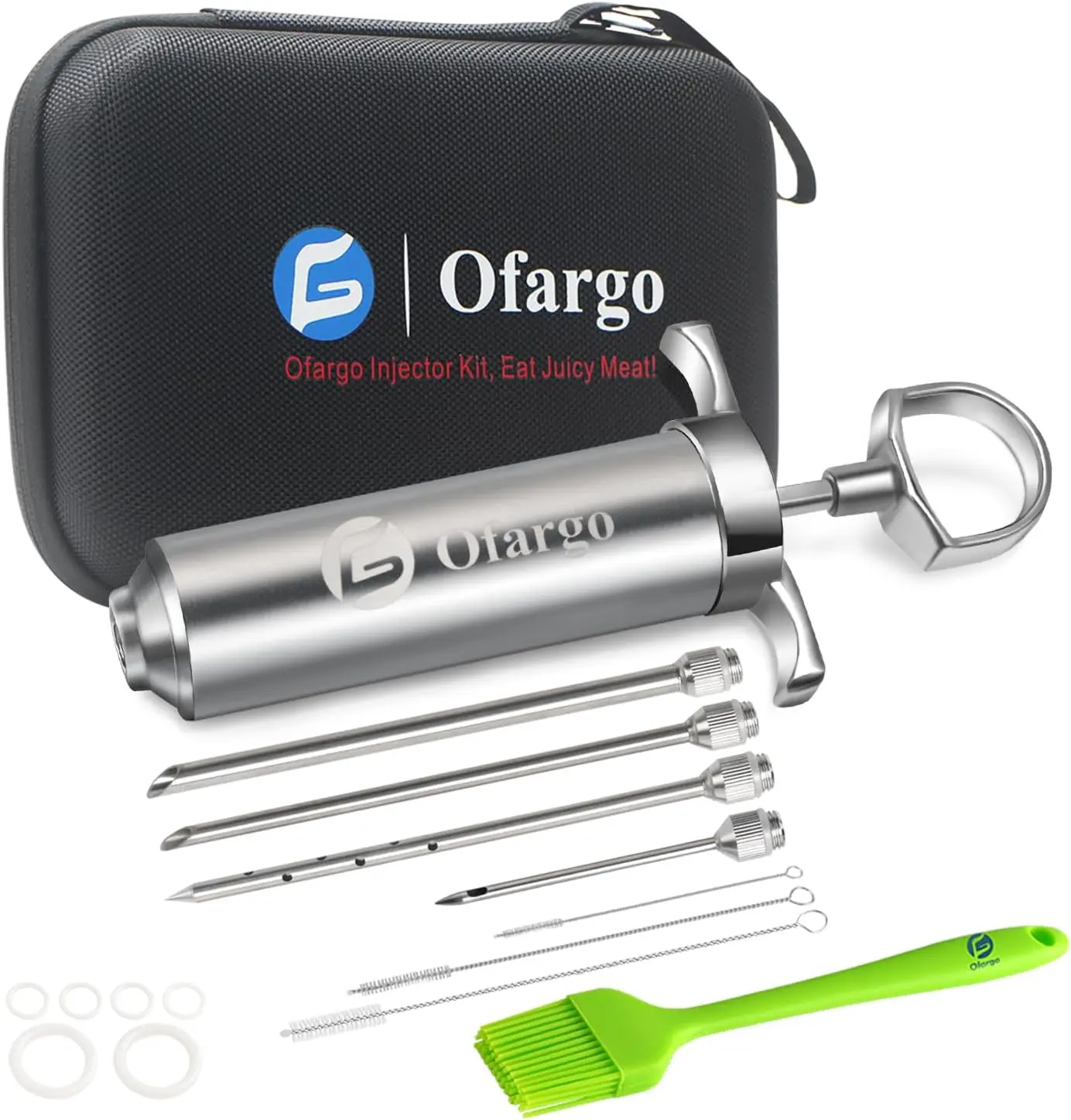 Ofargo Stainless Steel Meat Injector Syringe Kit with 4 Interchangeable Needles & Travel Case for BBQ Grill Smoker Utensils Ideal Mother Day Father Day Gifts for Dad Husband Men Him in Thanksgiving Christmas Day