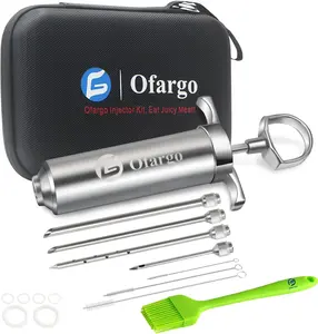 Ofargo Stainless Steel Meat Injector Syringe Kit with 4 Interchangeable Needles & Travel Case for BBQ Grill Smoker Utensils Ideal Gift for Men Dad Husband in Thanksgiving Christmas Day