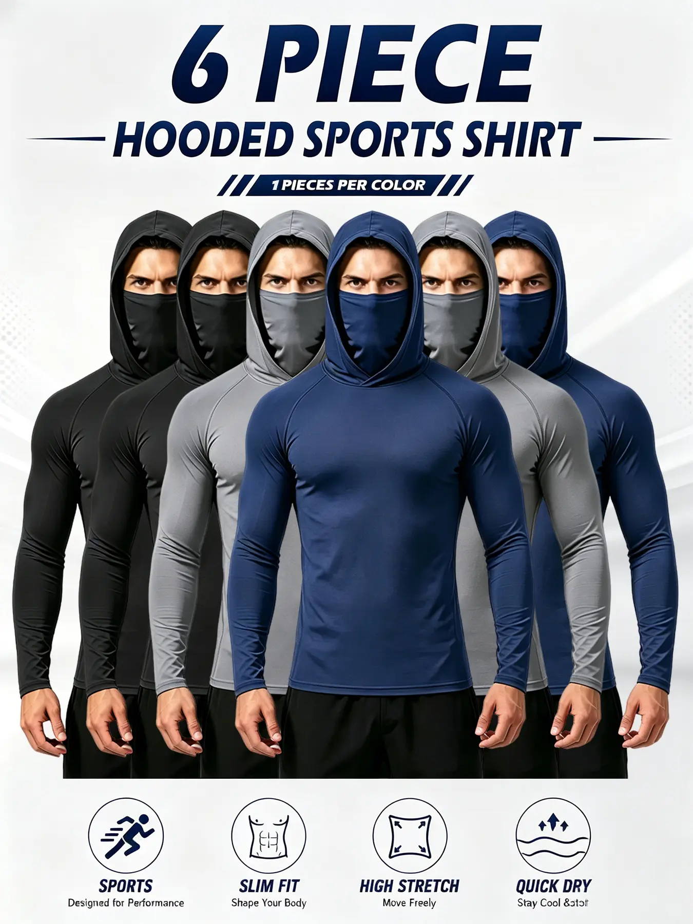 6-piece set men's outdoor work sun protection clothing with sun-blocking hoodie, featuring built-in face mask and neck guard, breathable long-sleeve hoodie