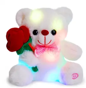 Easter Gift  Light up White Teddy Bear LED Stuffed Animal with Rose Soft Nightlight Glow Bear Plush Toy Gifts for Kids Mom Girls Birthday Christmas Valentine‘s Day, 8" (Red)