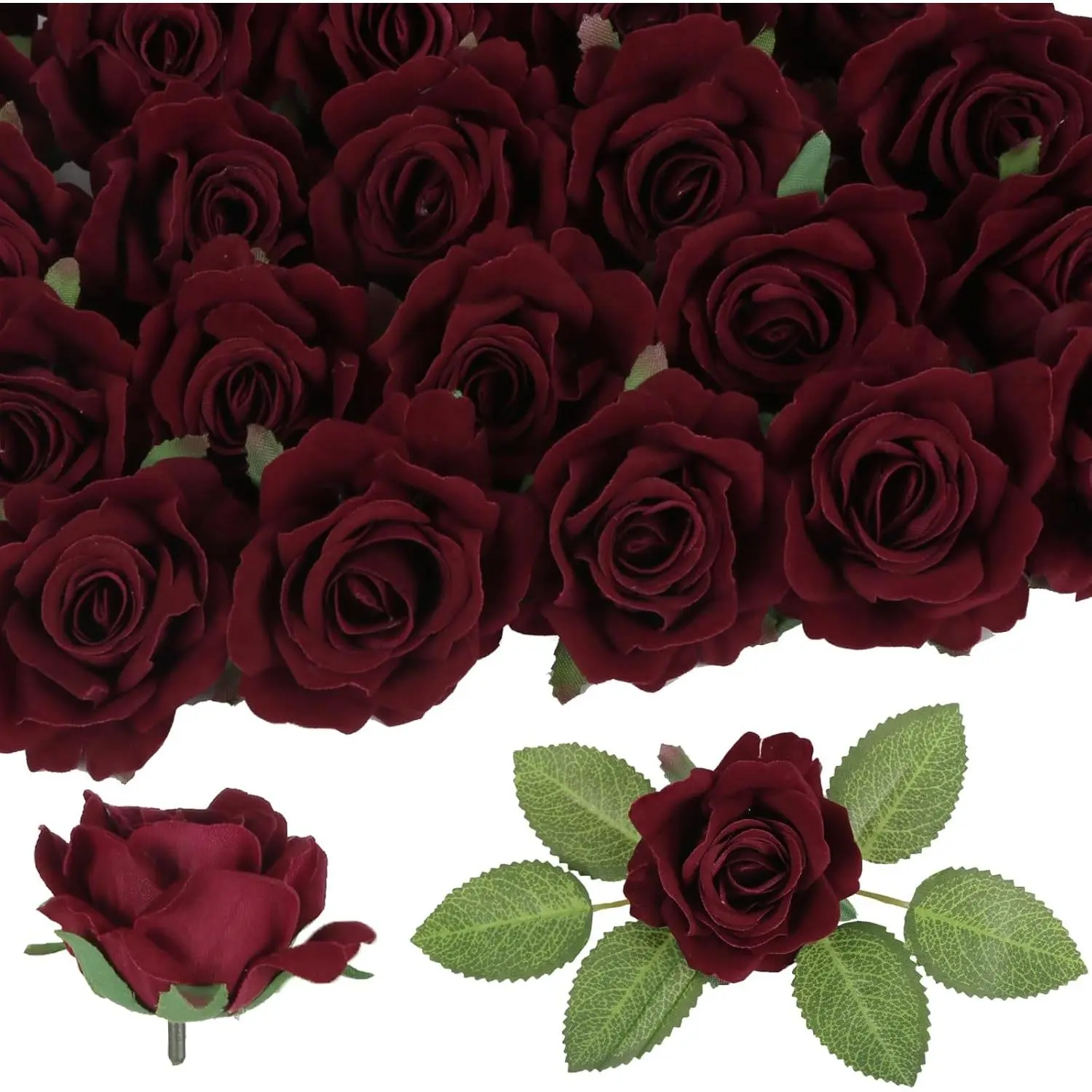 IPOPU 25pcs Long-Lasting Hand-Made Burgundy Velvet Decorative Artificial Rose Flower Set with Stems & Leaves, 2.75 in Faux Roses Box for DIY Home Wedding Table Centerpieces