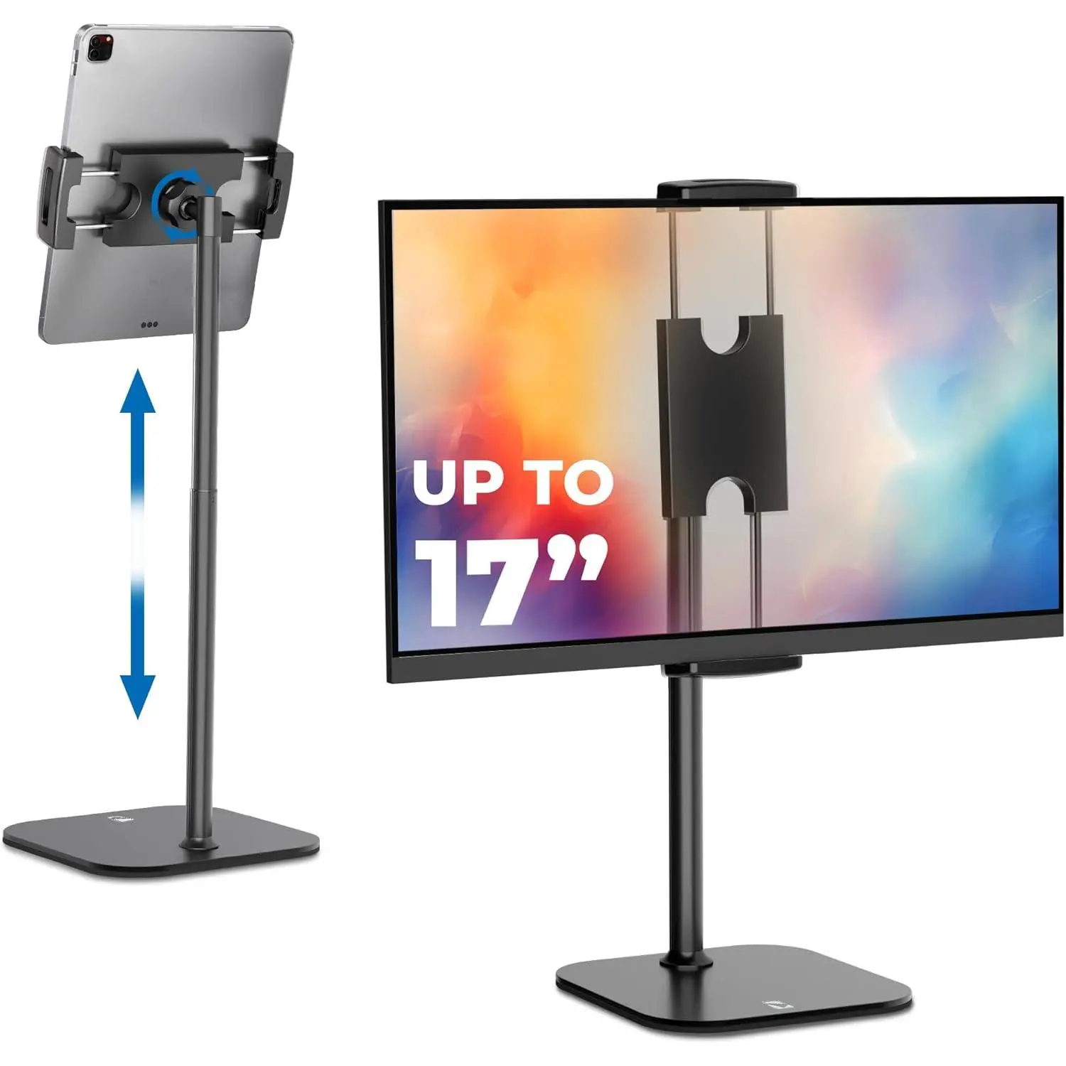 Durable Aluminum Alloy Height-Adjustable Tilt iPad Desk Stand with Steady Metal Base, 17" Portable Telescoping Mount for iPad Series/Kindle, Digital Device Accessory for Desk Users (Night Black)
