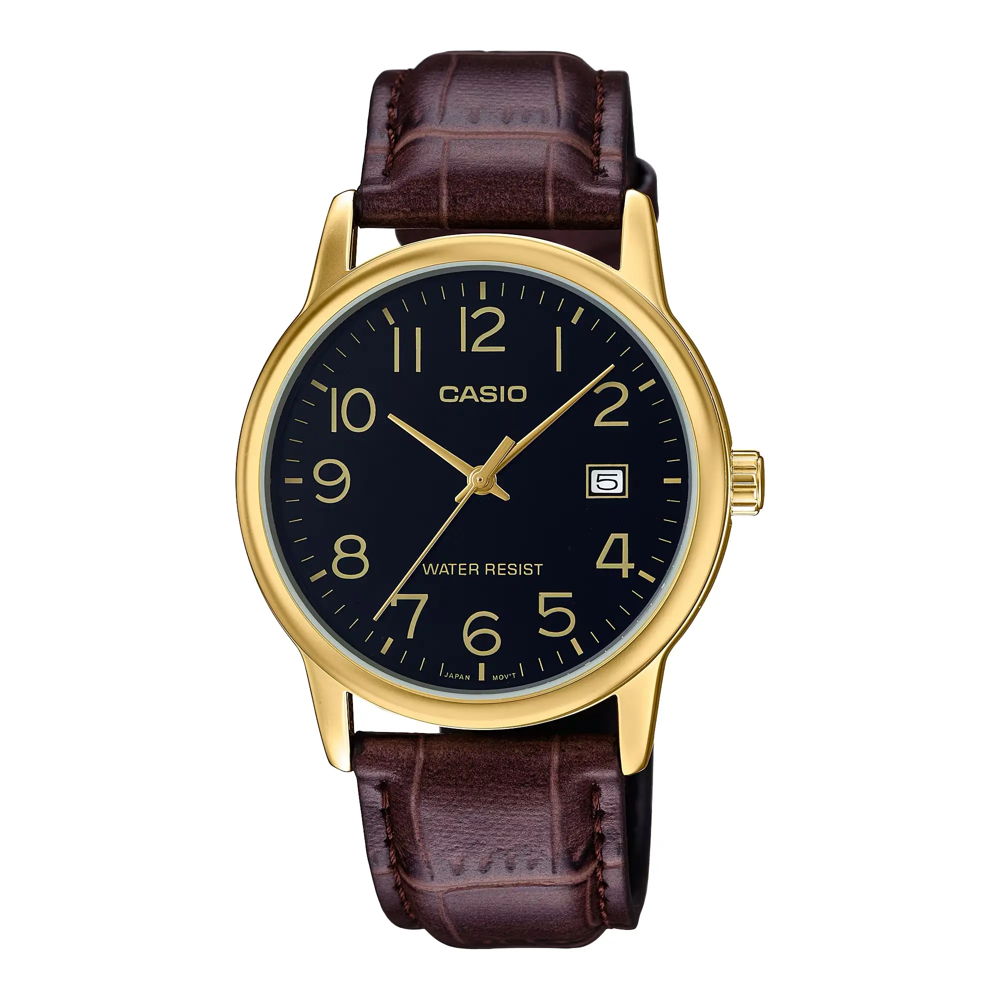 Casio Men’s Gold Watch with Black Dial and Brown Leather Band - MTP-V002GL-1BUDF