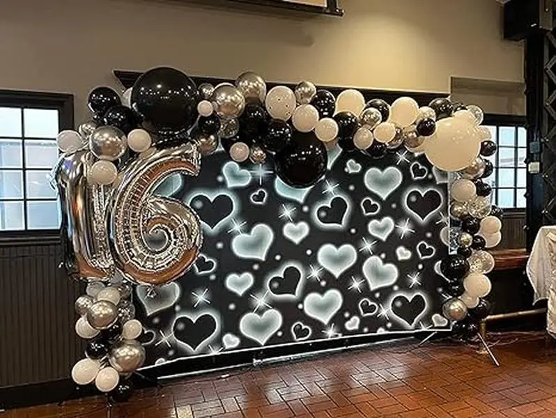 Black Heart Photo Backdrop Early 2000s Party Decorations Old School Backdrops Valentine's Day Glitter Heart 16th 18th 30th Women Men 90s Happy Birthday Background Selfile Wall Decor