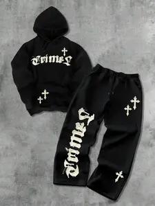 Men's High Street Oversized Hoodie Set, Long Sleeve Drop Shoulder Sweatshirt + Straight Leg Pants, Fall Winter Streetwear Essentials