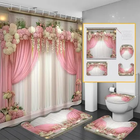 1/4 pcs floral pattern bathroom curtain set, non-slip floor mat, U-shaped carpet, toilet lid cover, bathroom decoration, partition, free 12 shower curtain hooks, Bathroom Decor And Accessories