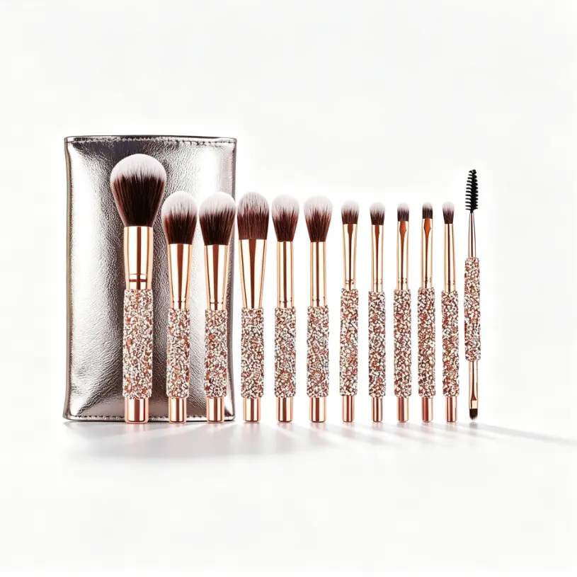 Women's 10Pcs Rhinestone Makeup Brush Set - Glitz Glam Sparkly Diamond Handles, Soft Synthetic Bristles, Silver Travel Storage Pouch for Full Face & Eye Makeup, Gift-Ready Pink, Face & Eyes