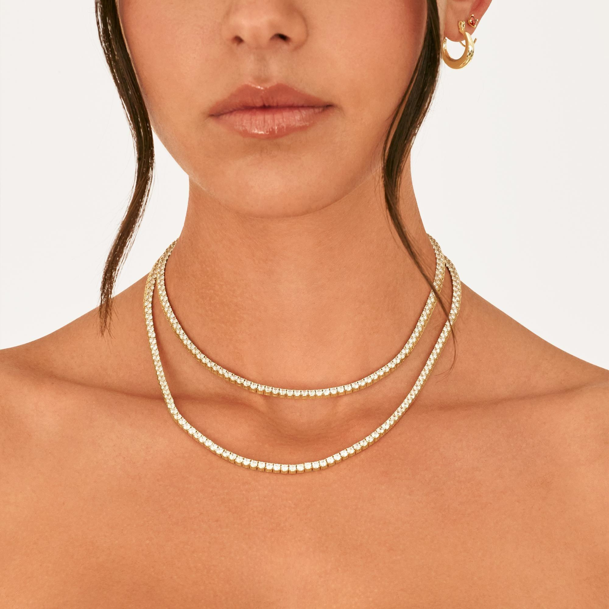 PAVOI 14K Gold Plated 3mm Simulated Diamond Tennis Necklace – Chunky Long Necklace for Women – Sizes 15" and 18"