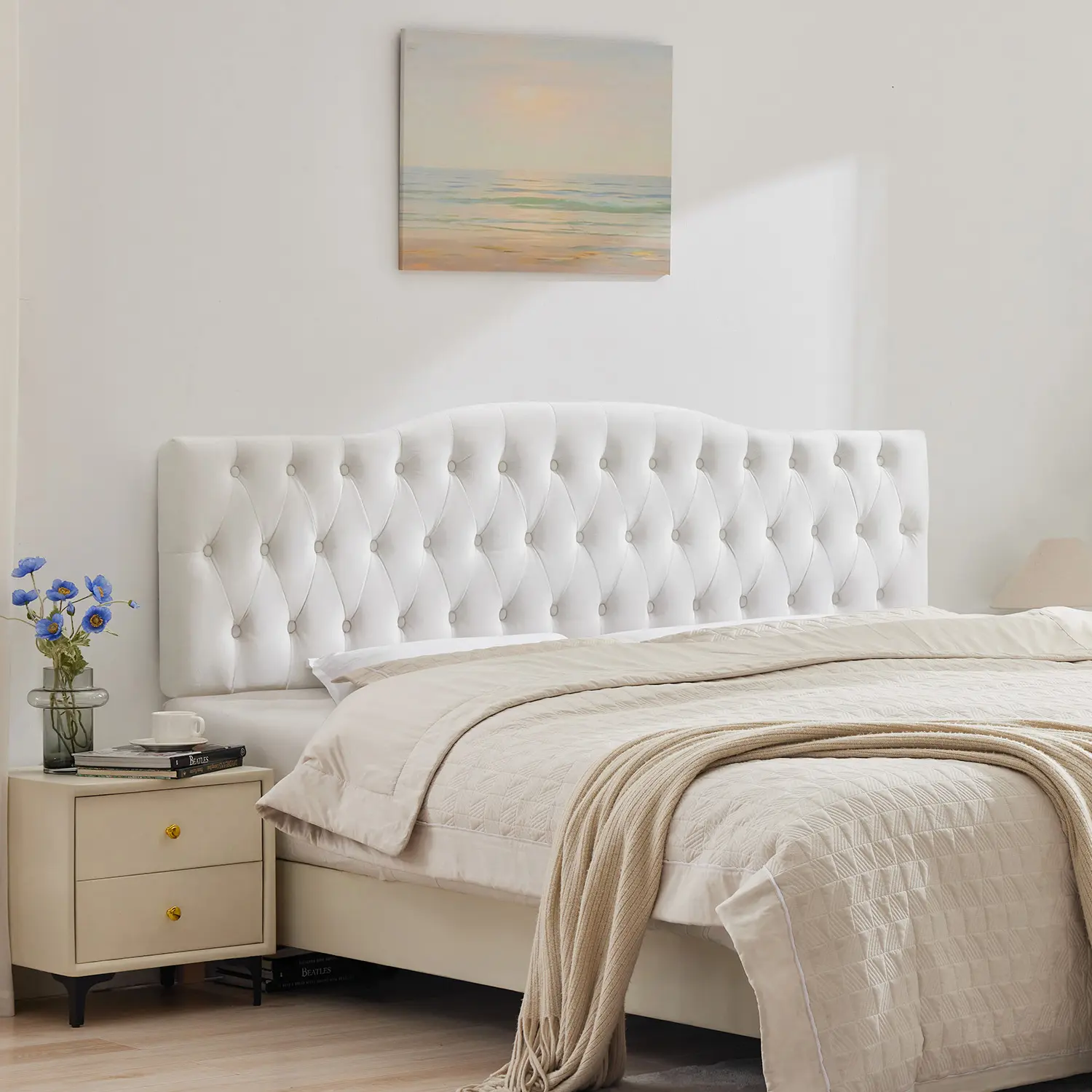 Tbfit Velvet King Furniture-Style Headboard – Ornate Diamond Tufted Upholstered Headboard Only, Adjustable Height & Solid Wood Legs, White, Furniture-Style Headboards, Ornate Tufted Headboards,dorm essentials,home decor