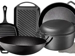 Bruntmor Pre-Seasoned 7 Piece Cast Iron Cookware Set, Double Dutch, Rectangular Grill Pan, Wok, Oven Safe for Induction Cooking