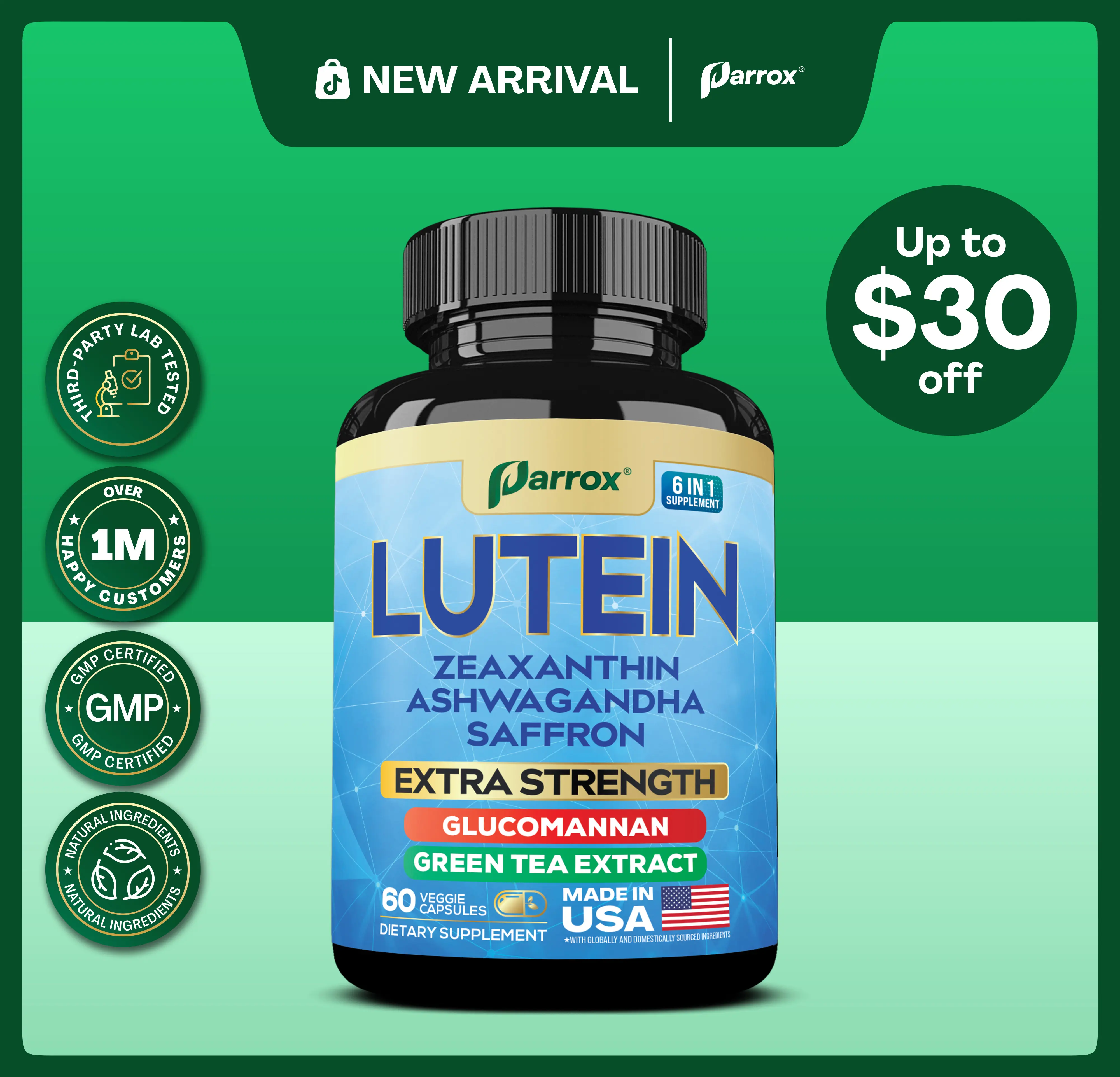 PARROX Lutein (6 in 1) Supplement - Vision & Wellness Support with Glucomannan, Ashwagandha, & Antioxidants - 60 Capsules - Made in USA