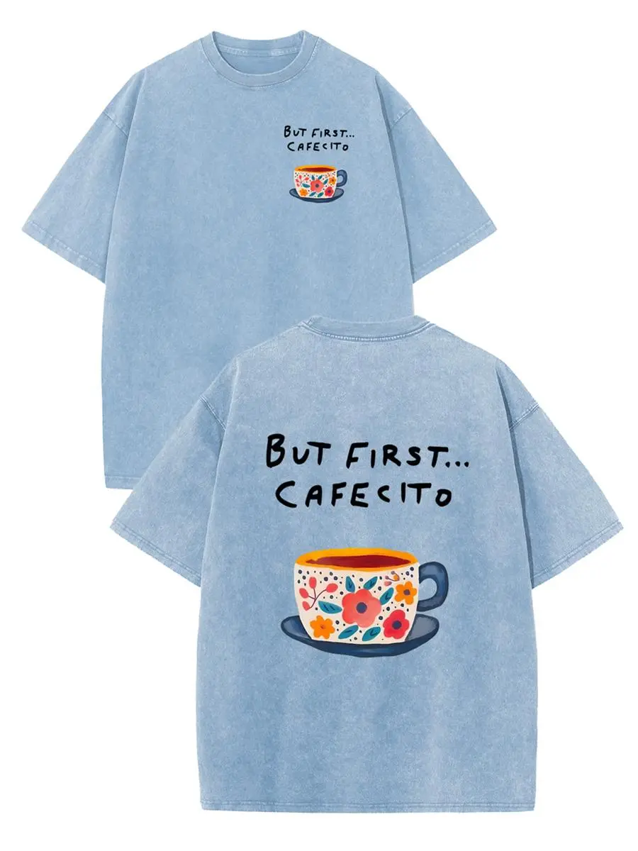 ACTCITY women’s heavyweight pure cotton vintage acid-wash distressed print T-shirt, casual coffee graphic short-sleeve top with drop shoulders and a crew neck, suitable for Thanksgiving outfits; summer women’s street-style crewneck T-shirt