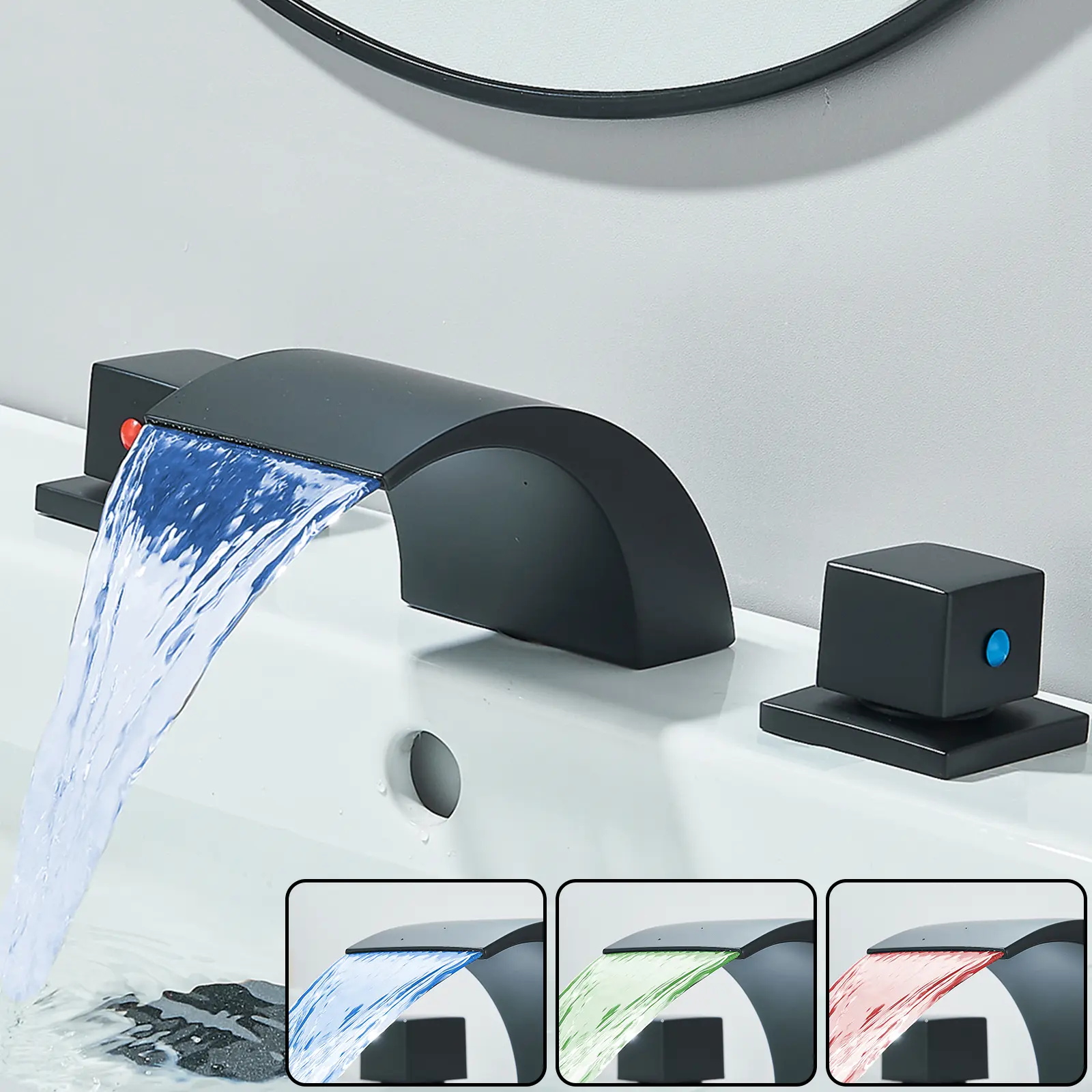 Matte Black LED Bathroom Faucets for Sink 3 Hole, Modern Waterfall Bathroom Faucets, 8 Inch Widespread Sink Vanity Faucet 2 Handle Mixer Taps