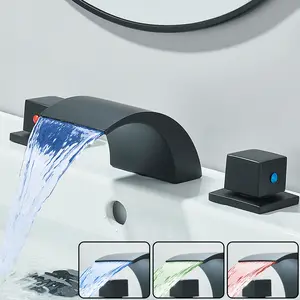 Matte Black LED Bathroom Faucets for Sink 3 Hole, Modern Waterfall Bathroom Faucets, 8 Inch Widespread Sink Vanity Faucet 2 Handle Mixer Taps