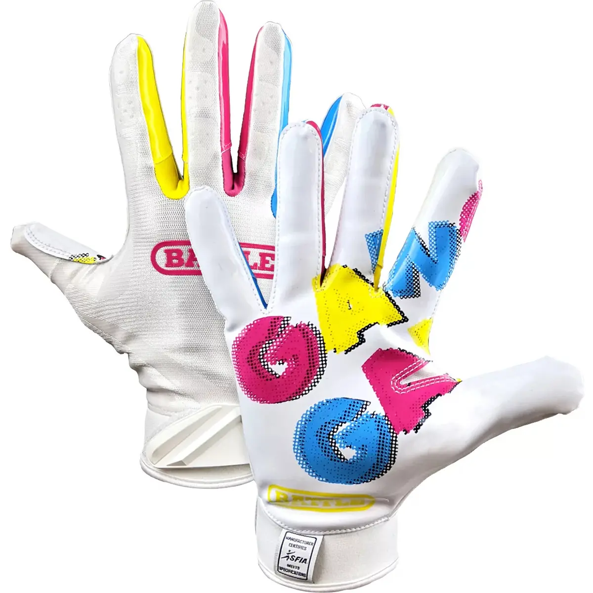 Battle Sports Gang Gang Double Threat Adult Football Receiver Gloves - White, Nylon Hook-and-Loop Sports Gloves with Wrist Hook and Loop Closure for Adults
