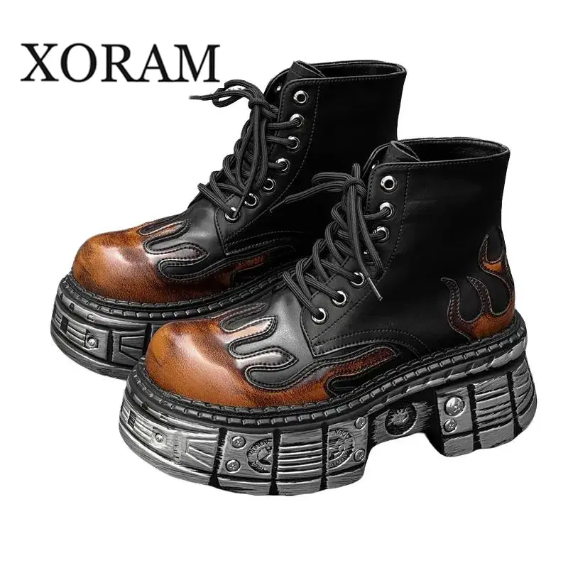 Men's Edgy Punk Statement Boots in Synthetic Leather, Lace-Up Chunky Platform Design with a Height-Increasing Sole, Laces, Casual Wear, Closed, Round Toe, Walking Shoes