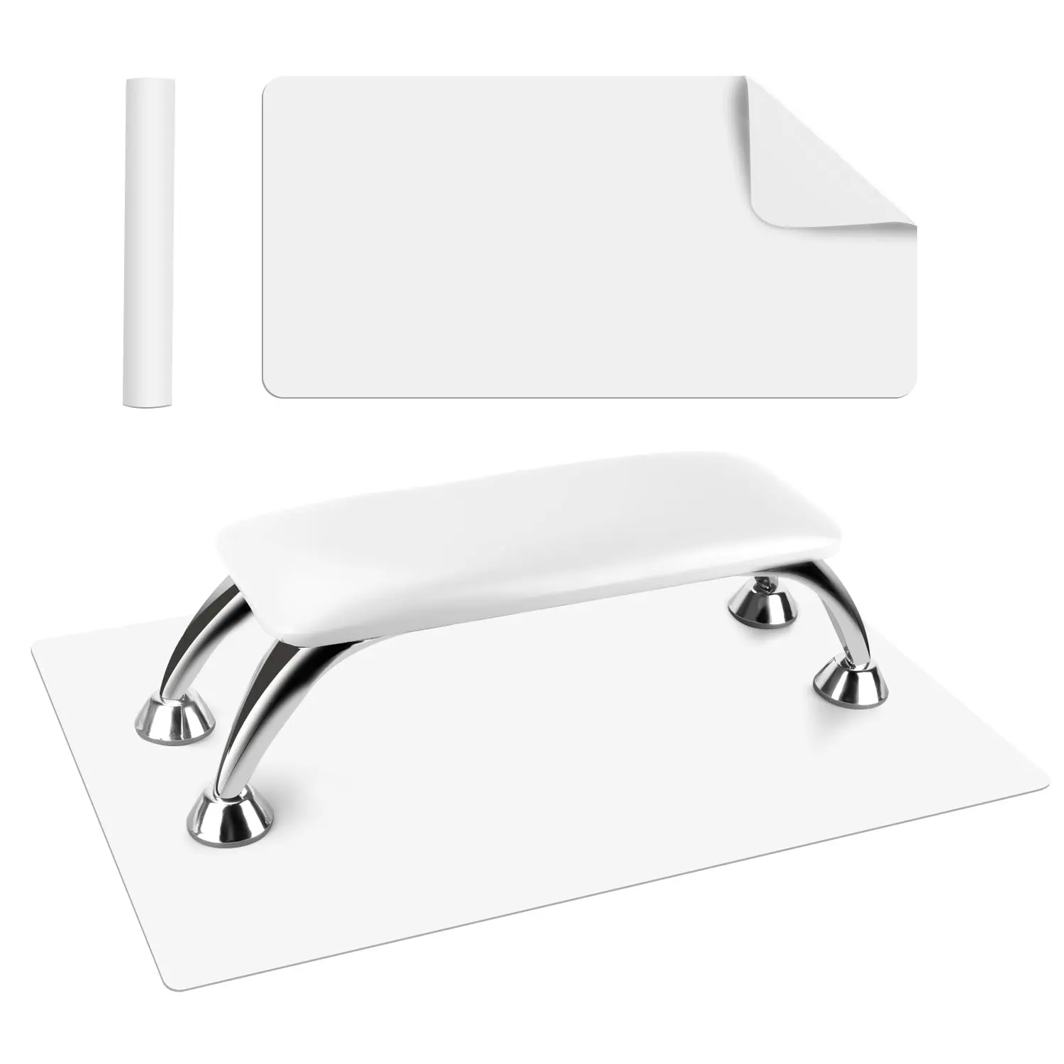 Soft Microfiber Leather Nail Arm Rest, Non-Slip Nail Supplies with Table Mat & Height-Adjustable Hand Pillow Cushion for Salon & Home Manicures (White)