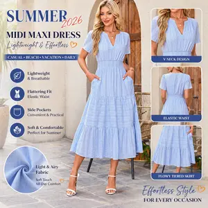 Womens Summer 2026 Casual Midi Maxi Dresses Lightweight Short Sleeve V Neck Elastic Waist Boho Beach Dress Pockets tiktokshopspringglowup