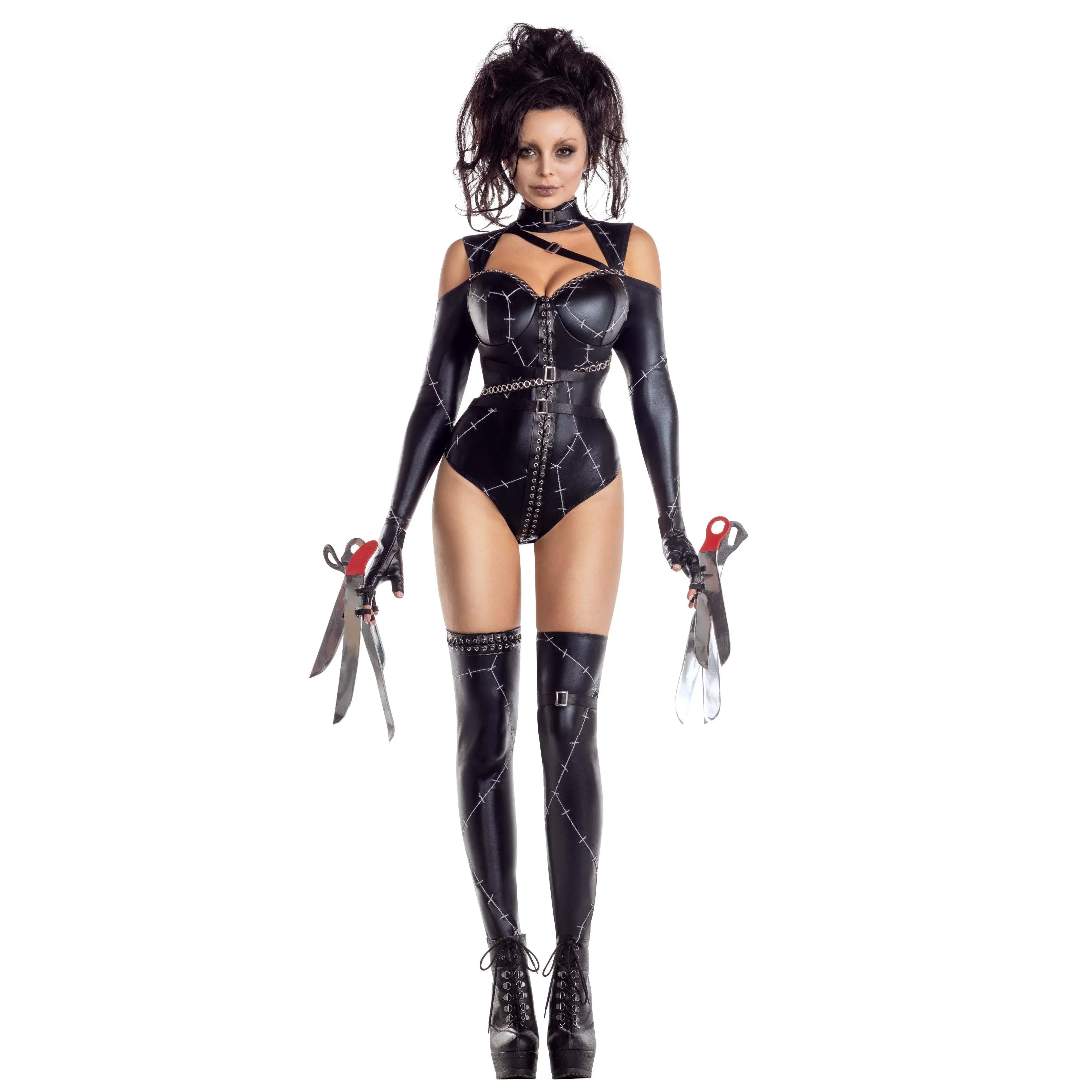 Women’s Scissorhand Cutie Gothic Halloween Costume with Black Teddy, Stockings, and Matching Accessories