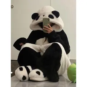 1 set of men’s winter cartoon panda pajamas, long flannel pajamas, thick home clothes, an ideal gift for Thanksgiving and Christmas GARMENTARY