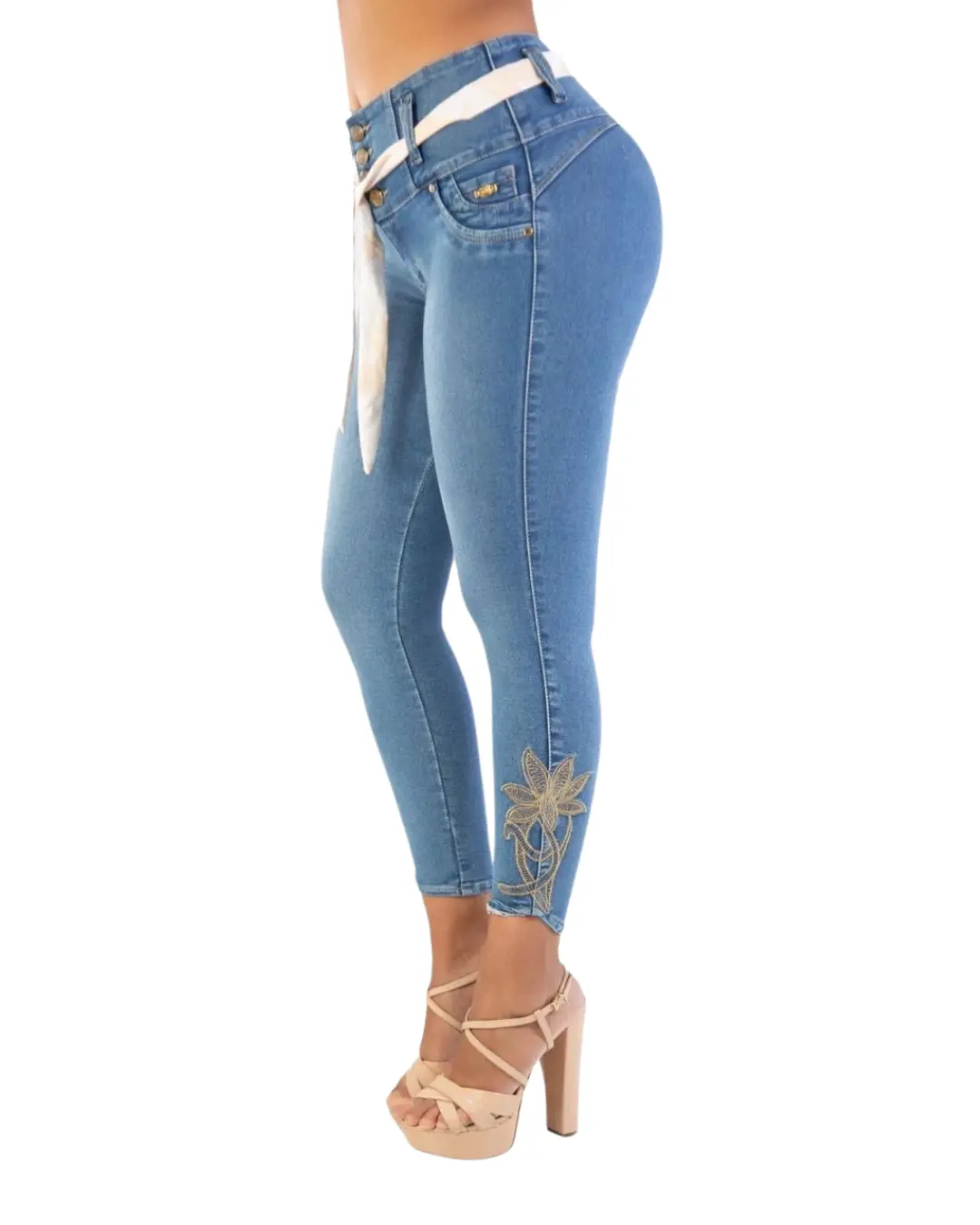 Tiki Jeans Women's High-Waist Butt-Lifting Skinny Jeans - TK564 Blue Ankle Slim-Fit Denim Pants with Pockets, Button Closure, Heart Stitching, Casual Bottoms
