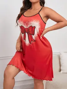 Comfortable Casual Loose Strap Sleepwear, Skin-Friendly Summer Plus Size, Cute Cartoon Bowknot Print Nightgown, All over Print Design, Loungewear, Spaghetti Strap, Womenswear