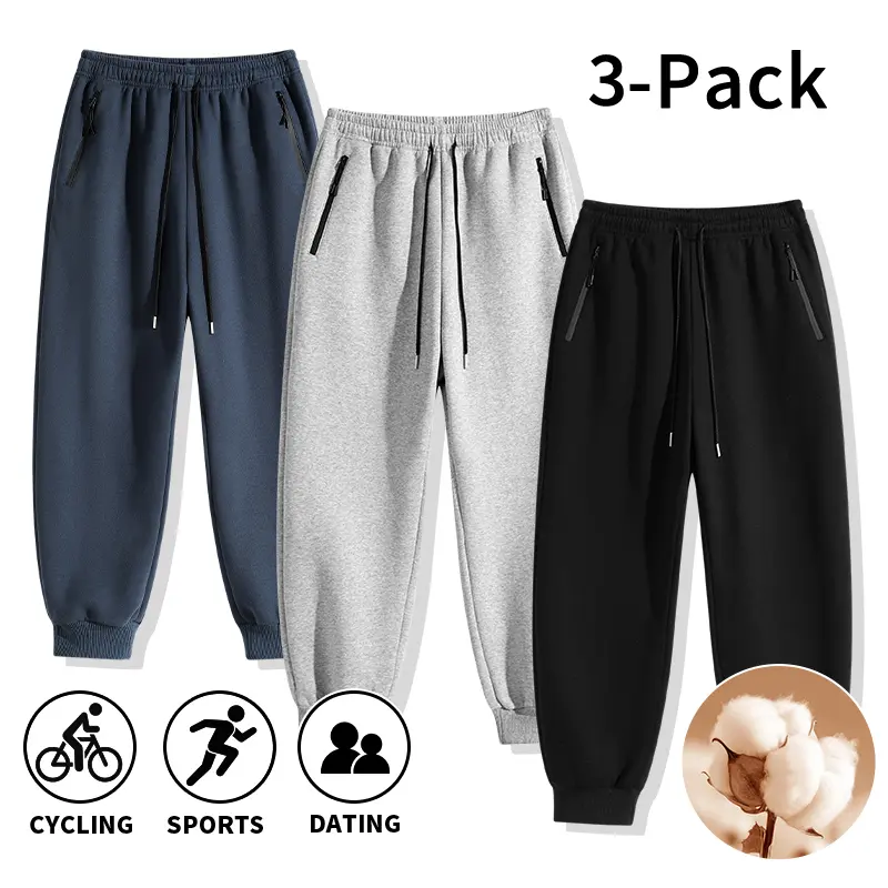 3-Pack Men's Cotton Joggers, Loose Fit Athletic Sweatpants with Elastic Drawcord, Breathable for Everyday Wear, Running, Machine Washable, Lightweight, Three-Pack