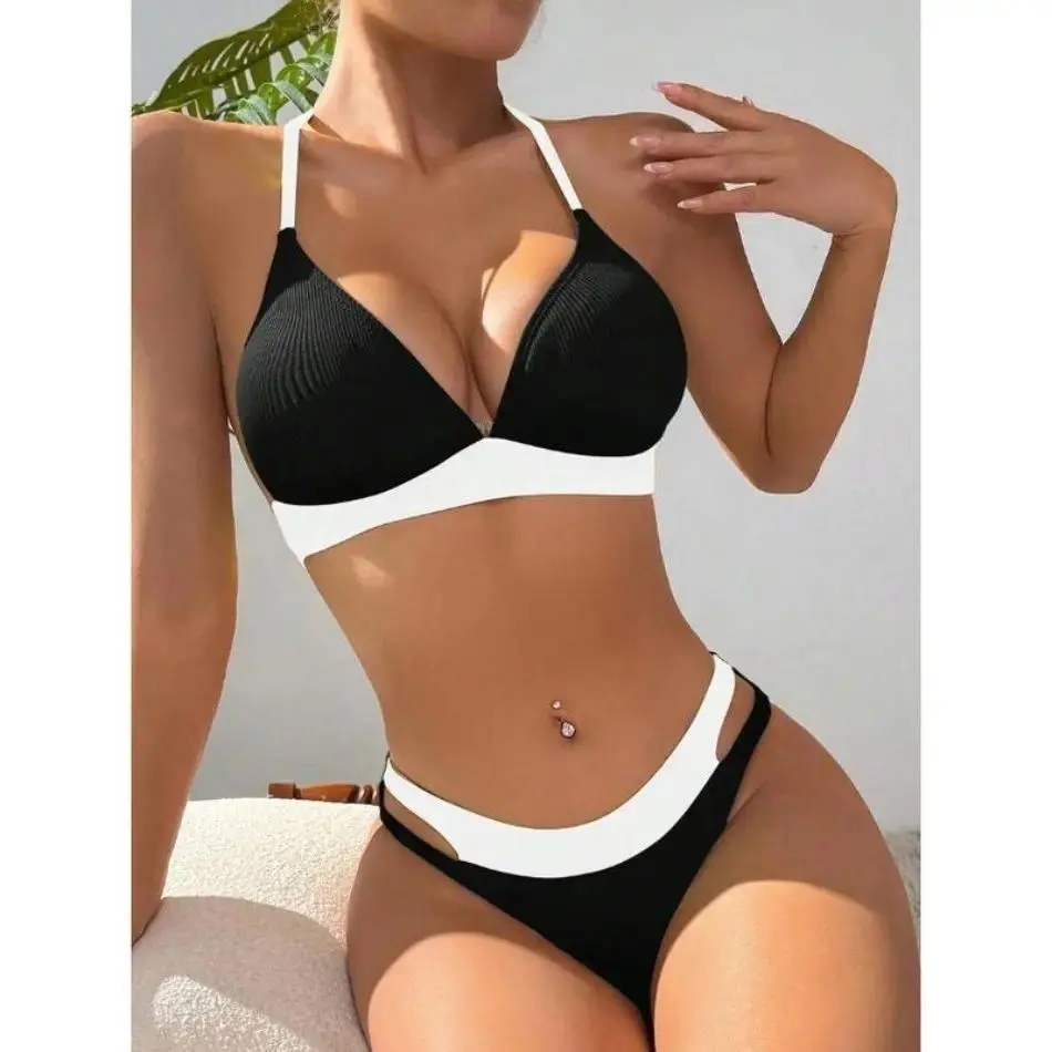 2026 Women’s Two-Piece Bikini – Contrast Color Patchwork, Modern Clean Lines, Comfort Fit with UV400, Perfect for Summer Beach & Vacation, TikTokShop, Summervibes