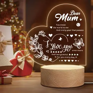 Acrylic Night Light USB Powered Wooden Base, Home Decor Light, Birthday Gift for Mom Dad Brother Wife Sister, Christmas Thank You Present