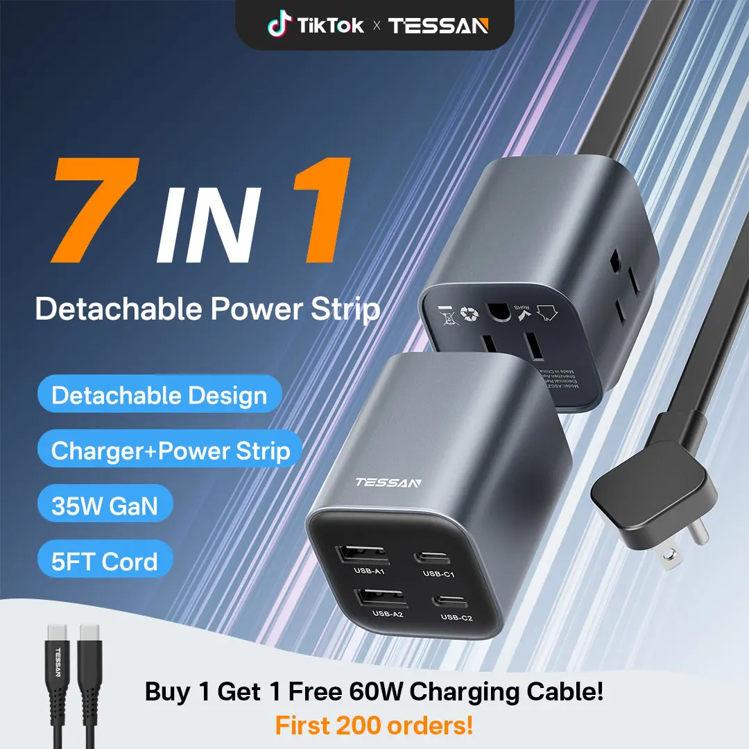 SummerGarden TESSAN Detachable 7-in-1 Power Strip, 35W GaN Fast Charger with USB-C, USB-A & 3 AC Outlets for Travel and Home
