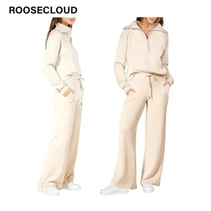Valentine's Day ROOSE CLOUD Women's Relaxed 2-Piece Loungewear Ensemble - Half-Zip Pullover Top & Drawstring Wide-Leg Sweatpants - Comfy Matching Set for Casual Wear