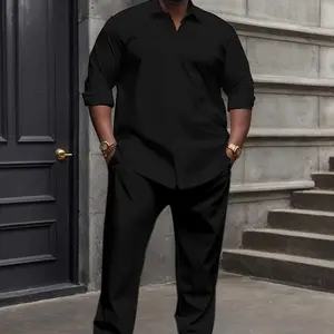 Men's Plus Size Casual Suit Set - Polyester Lapel Shirt with Slight Stretch, Solid Color Woven Bottoms, Regular Fit Elastane Clothes Pants Tops Long Sleeve Black Menswear Collar Gamis Trouser Sweat Belt Breathable