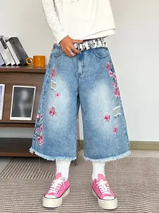 Summer New American Retro Floral Embroidery Ripped Loose Jeans Shorts, Streetwear Hip Hop Fashion Blue Mid-Length Pants for Men, Comfortable Denim Fabric