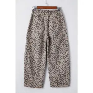 Khaki Leopard Print Drawstring Waist Pocketed Wide Leg Jeans Fashion Fit Women's Chic Everyday Bottoms Pants Womenswear Trouser Streetwear