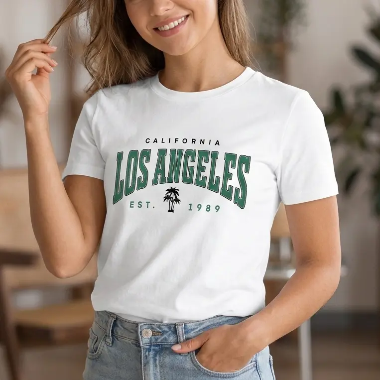 Men's Los Angeles Graphic T-Shirt in Slight Stretch Polyester Knit, a Casual Short Sleeve Drop Shoulder Top with Round Neck, Tshirt, Letters, Hem, Conventional, Dry Clean, Machine Washable, Fabric, Menswear, Shortsleeve Tee, Clothes, Los Angeles Logo