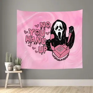 Pink Horror Tapestry 60 x 50 Inch - 'No You Hang Up' Funny Ghost Wall Hanging, Romantic Halloween Valentine's Day Home Dorm Decor