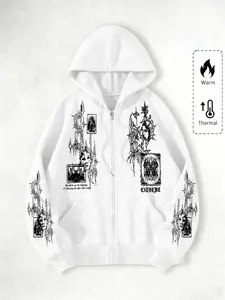 Gothic Style Fitted Hooded Sweatshirt, Original Print Geometric Zipper Design, Streetwear Fashion for Casual Occasions, Perfect School Choice, Spring