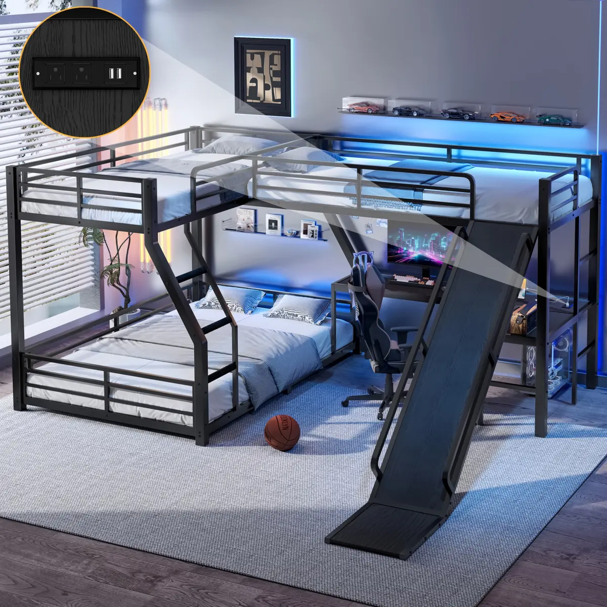 Black Metal L-Shaped Twin-over-Full Triple Bunk Bed Frame Combo with Twin Loft Bed, Slide, USB Ports, Sturdy Build, Space-Saving, Noise-Free Design, Sturdy Bed Frame
