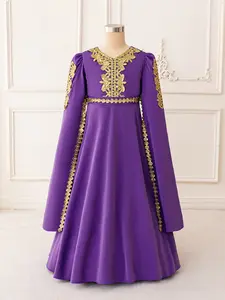 7-12Y Dark Purple 36 Kids Clothes Flower Muslim Girls Princess Long Patchwork Embroidered Ball Gown Frock Children Formal Evening Party Banquet Pageant Prom Host Cocktail Dress