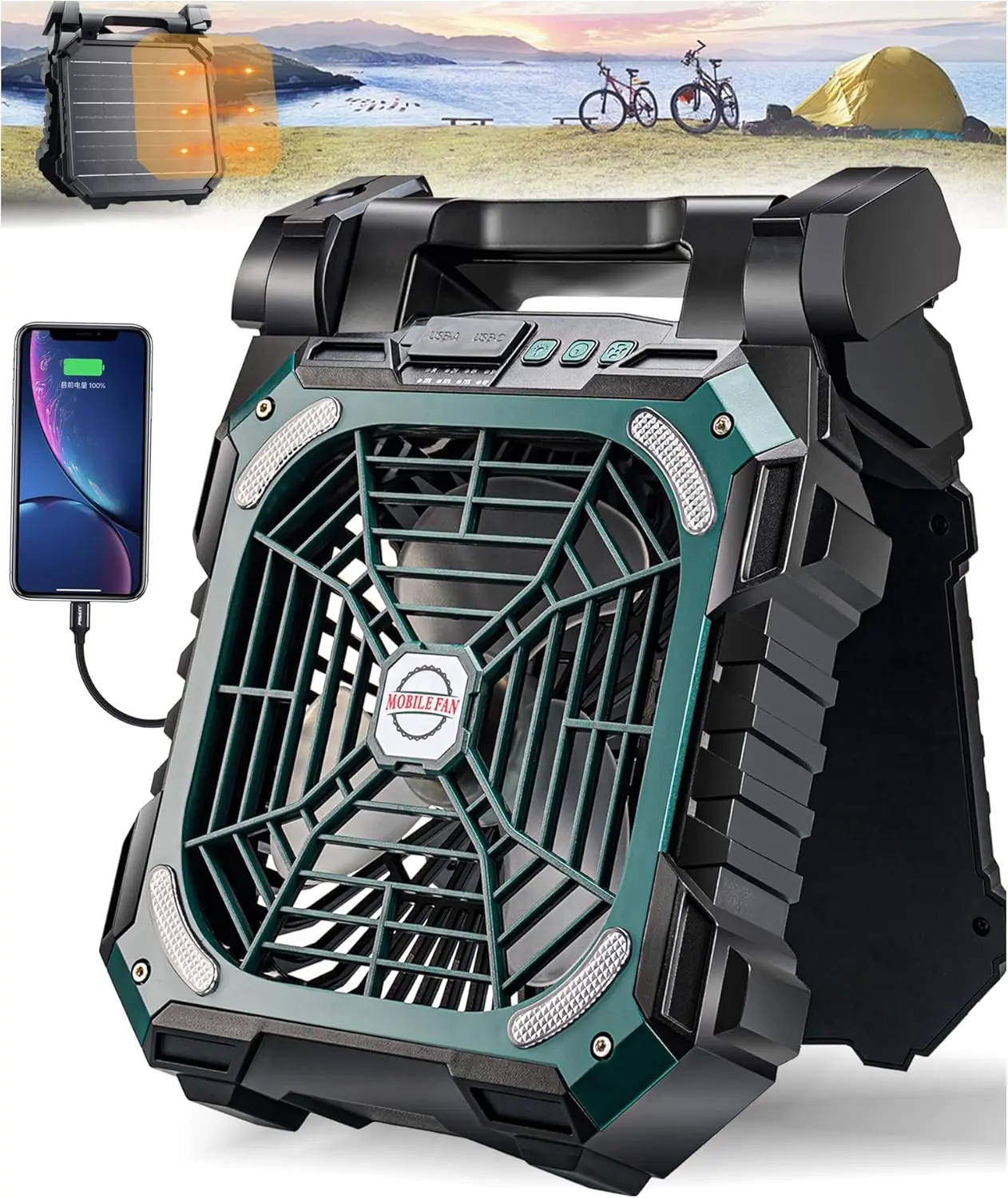 Solar Camping Fan with Light, 10400mAh USB Rechargeable Portable Fan Silent Adjustable Fan