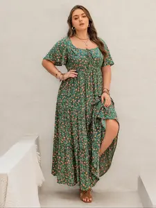 Plus Size Floral Print Ruffle Trim Tie Front Dress, Boho Butterfly Sleeve Square Neck A Line Dress for Beach Vacation Holiday, Women's Clothes for All Seasons, Womenswear