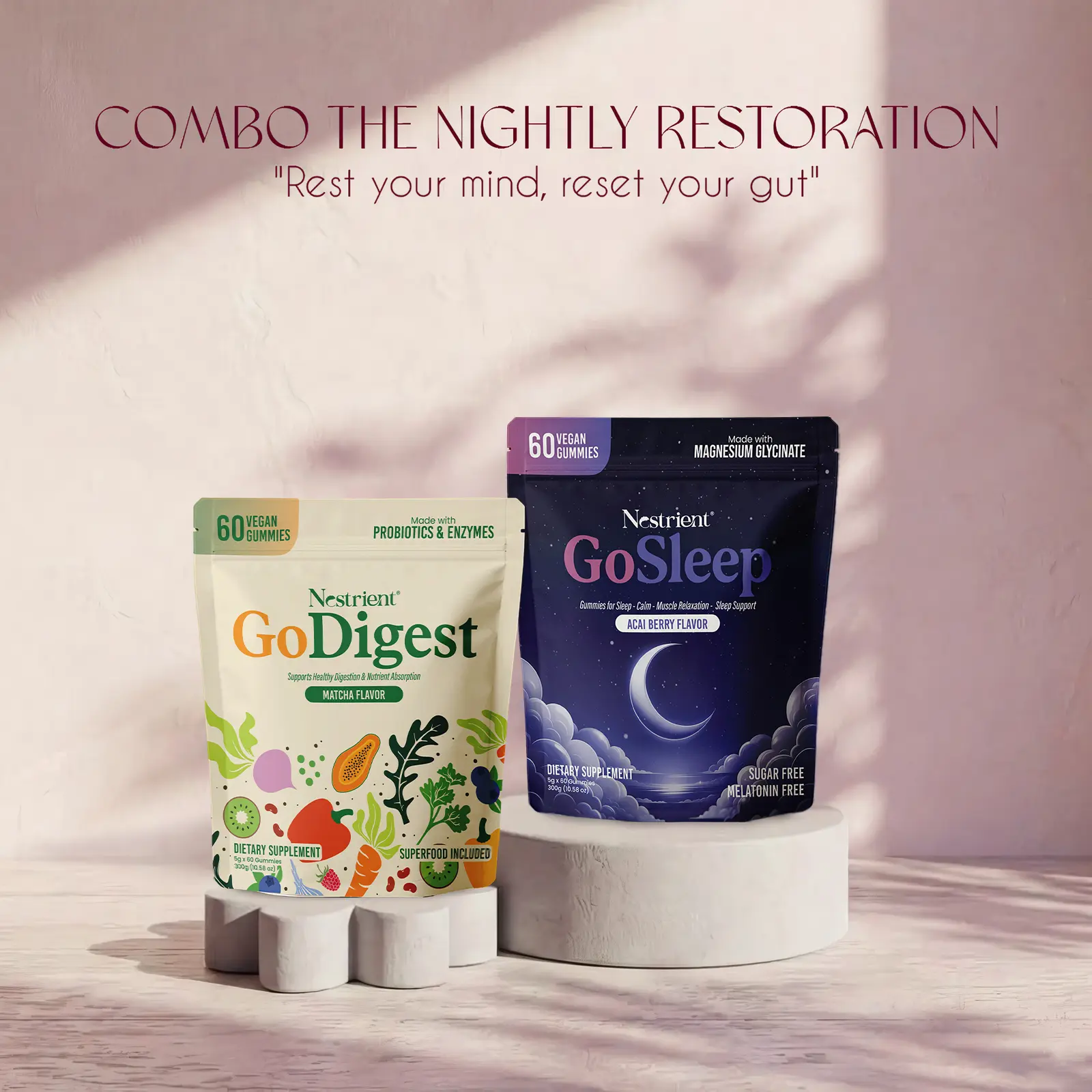 Nestrient GoSleep & GoDigest Dual-Action Bundle - Vegan, Non-GMO Gut Health Dietary Supplements with Digestive Enzymes, Probiotics, Melatonin, Vitamin C - Healthcare Support for Sleeplessness, Stress Relief