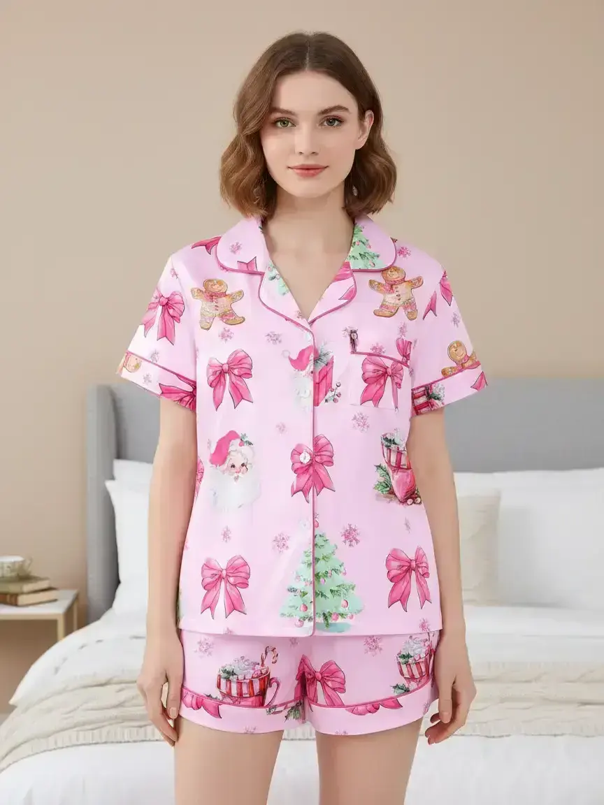 【Christmas】Women's Christmas Pajama Set, Santa Cookie Print, Short Sleeve Button-Up Top & Elastic Shorts, Casual All-Season Sleepwear，Christmas Pyjamas
