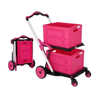 Foldable Shopping Cart with Wheels,With Storage Crates, Multi Use Two Tier Collapsible Cart with 360° Rolling Swivel Wheels Heavy Duty Folding Trolley for Shopping, Picnic and Office,Cosmetic Organizer,Grocery,Warehouse,Garden