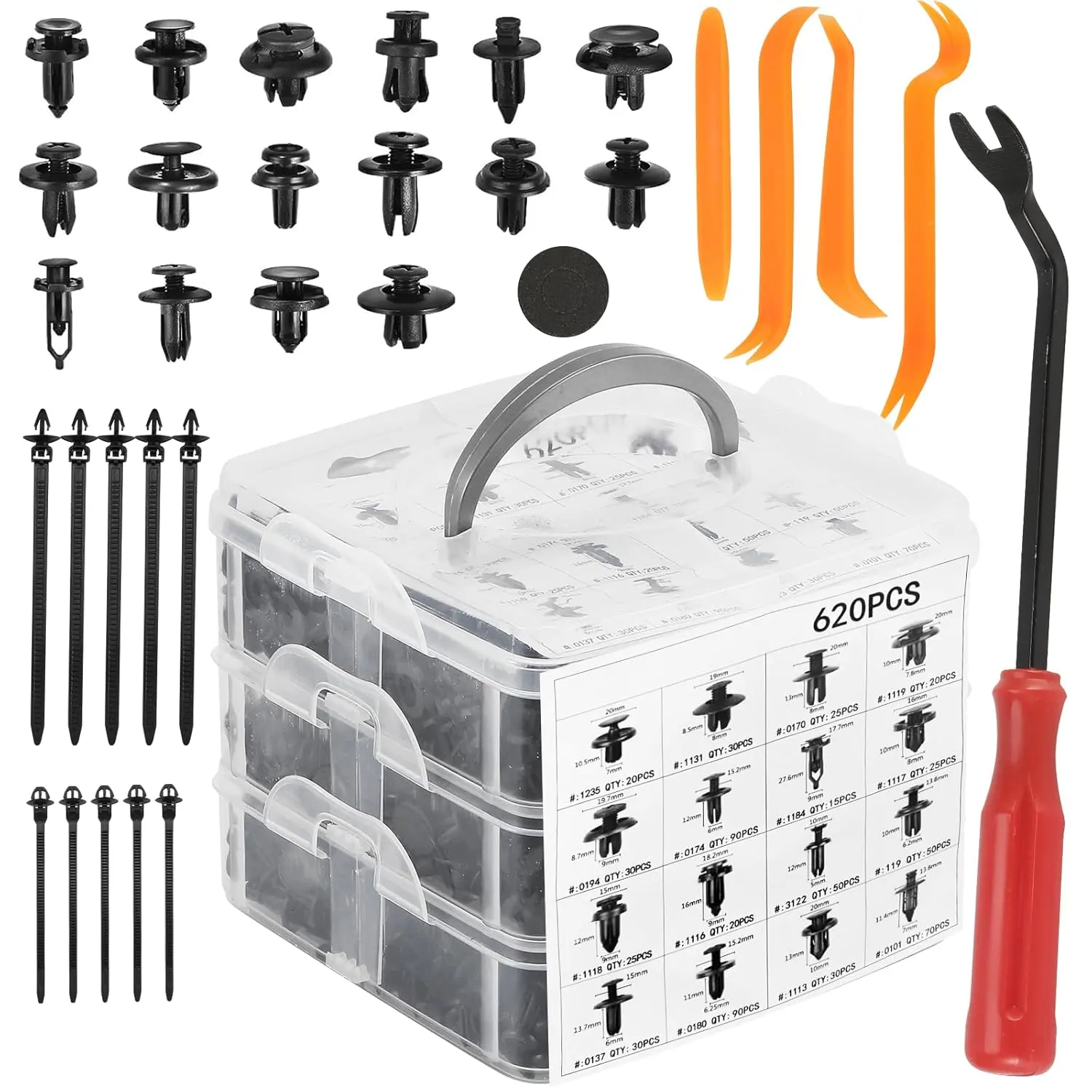 620Pcs Car Retainer Clips & Fasteners Kit – 16 Universal Sizes Nylon Bumper, Fender Rivets, Door Panel Clips, And Plastic Rivets With 10 Cable Ties And Removal