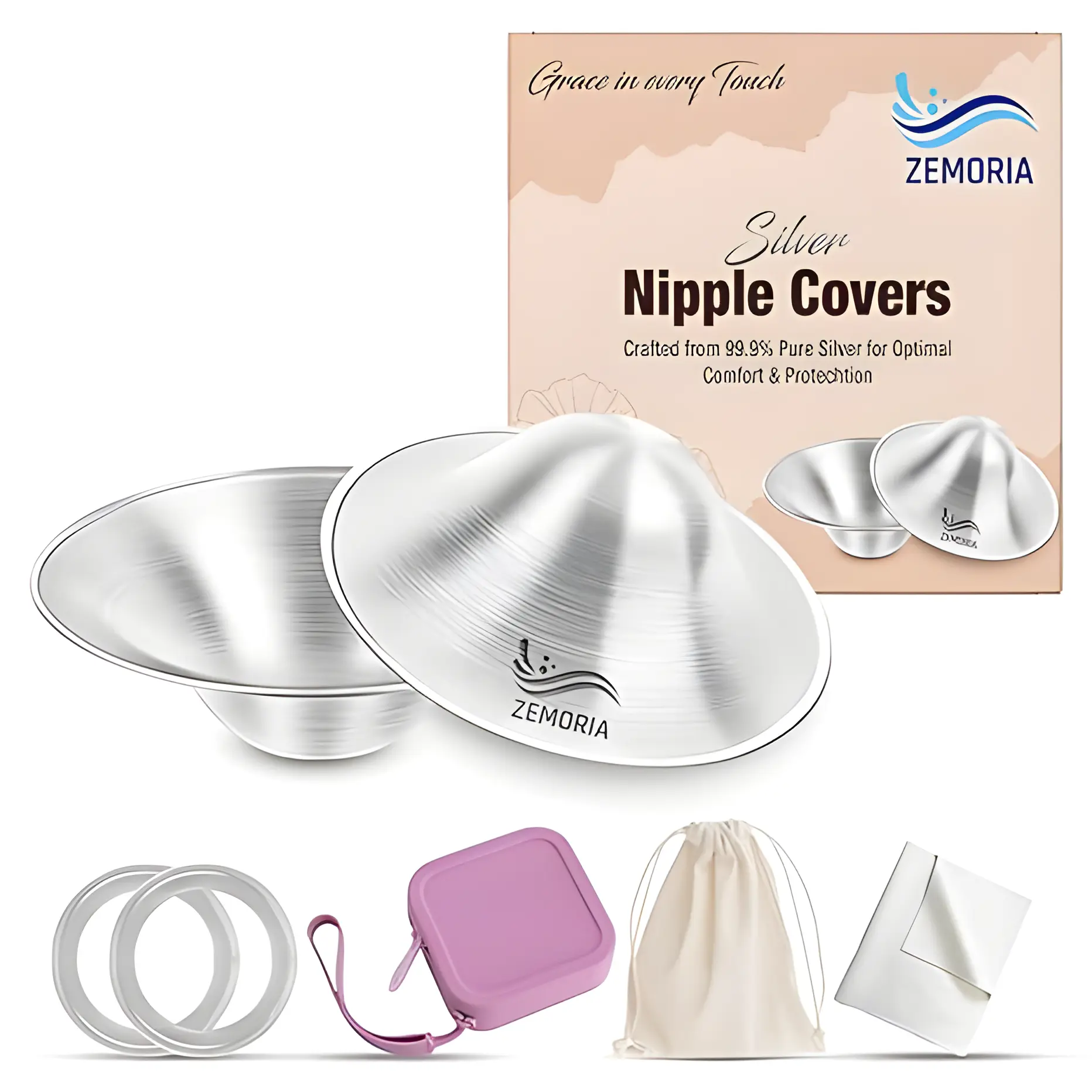 The Original Silver Nursing Cups for Breastfeeding | Pack of 5; Pure Silver Nipple Covers with Silicone Rings, Pouches & Cleaning Cloth – Reusable Accessories for Comfort & Protection | Breathable Material